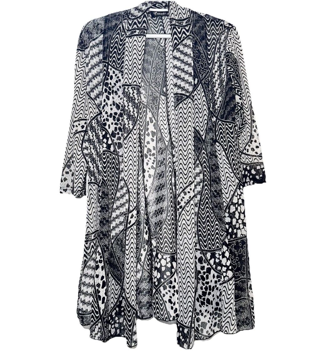 Creation by Creation Women M Black White Abstract Open Front Cardigan Jacket